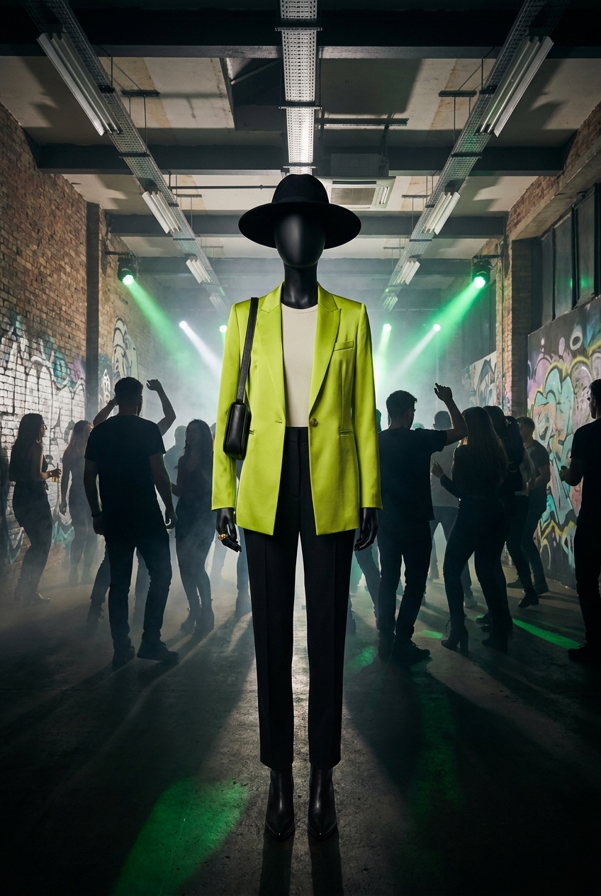 Neon Authority, A voltage-charged silk blazer in electric lime over sharp black 
