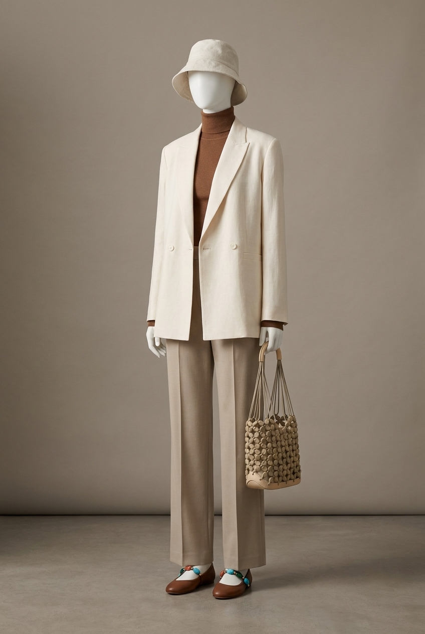Nordic Architect, A precisely tailored linen blazer in warm cream anchors this t