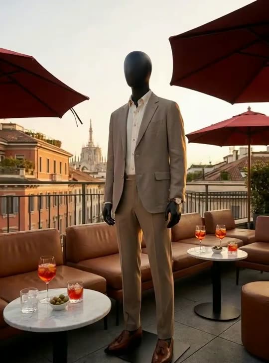 Aperitivo Ease, Unstructured silk-linen blazer in warm taupe over a cream linen 